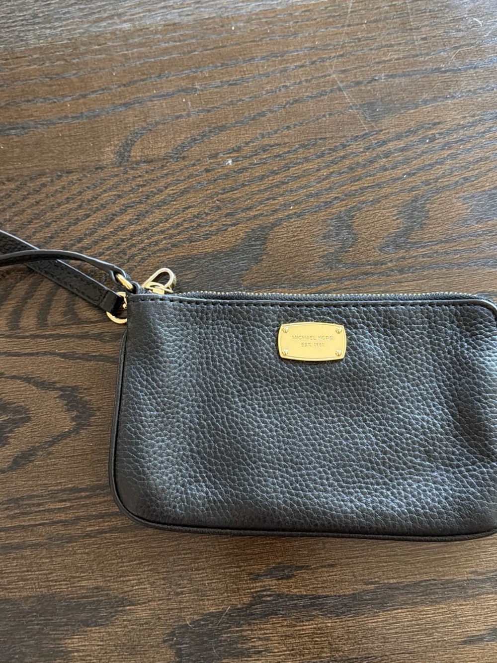Michael Kors Black Pebbled Leather Wristlet with Gold Plaque